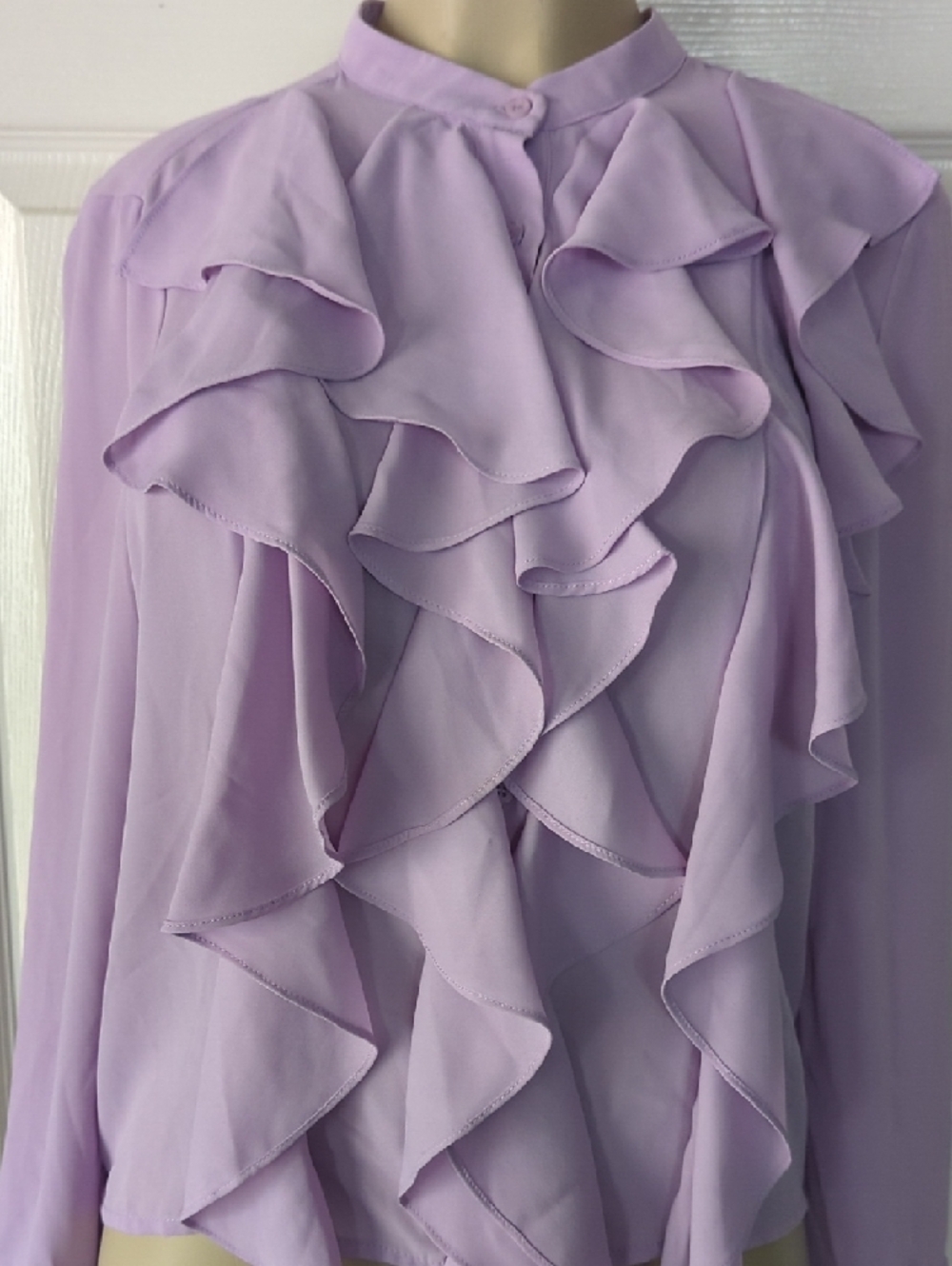 Lavender Ruffle Front Mandarin-Collar Blouse - Picture 3 of 7